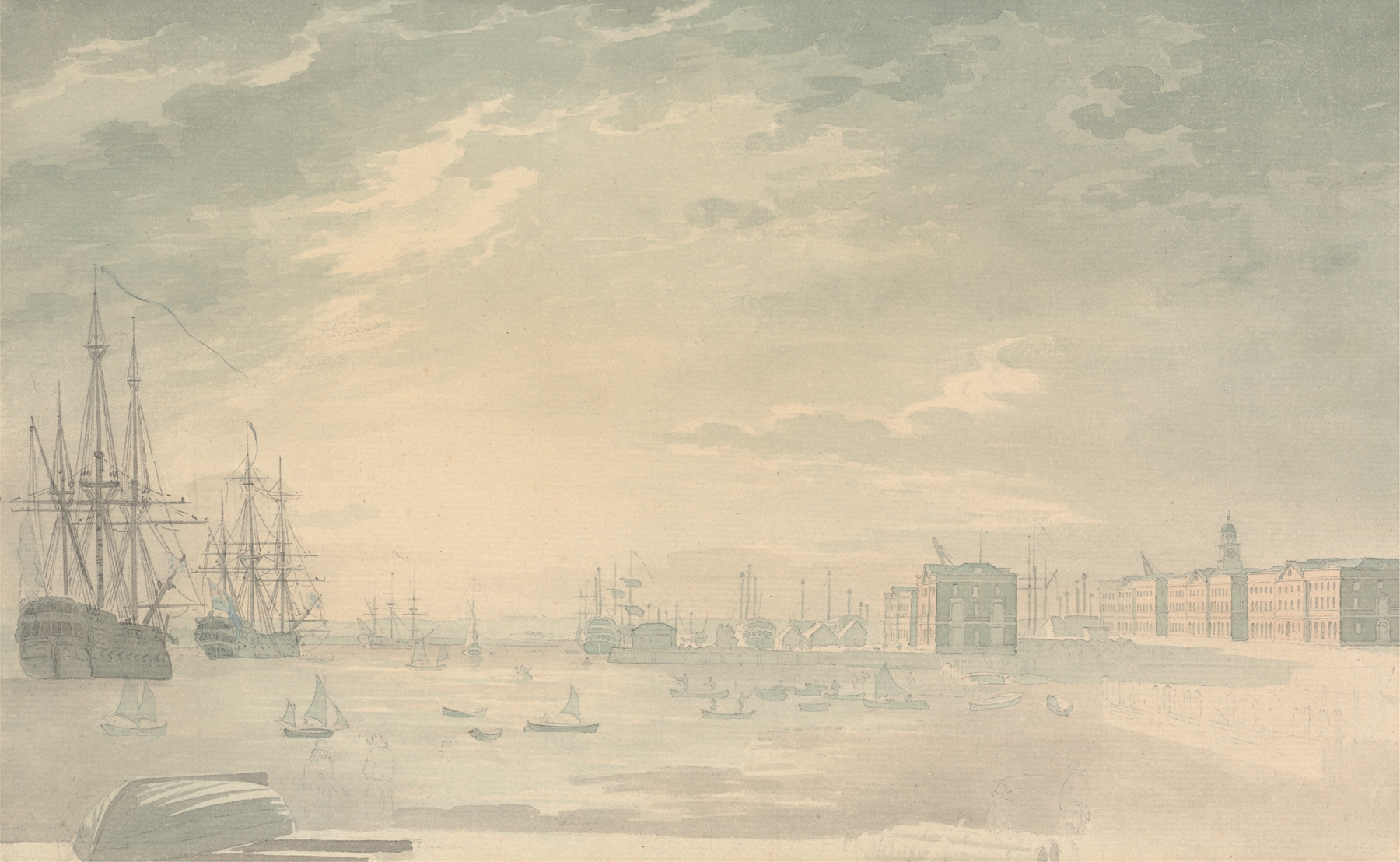 View of Portsmouth Harbor with Shipping, Showing Buildings on Shore by George Bulteel Fisher