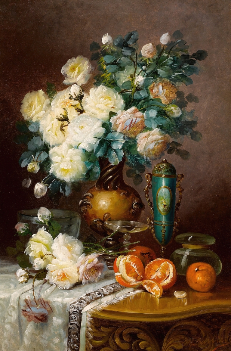 White Roses, Oranges, and Porcelain Urn on Draped Table by Max Carlier