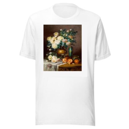 White Roses, Oranges, and Porcelain Urn on Draped Table by Max Carlier T-Shirt