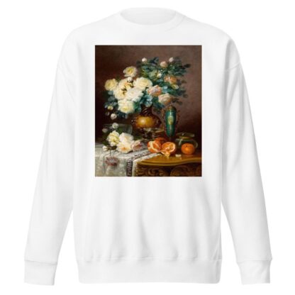White Roses, Oranges, and Porcelain Urn on Draped Table by Max Carlier Sweatshirt