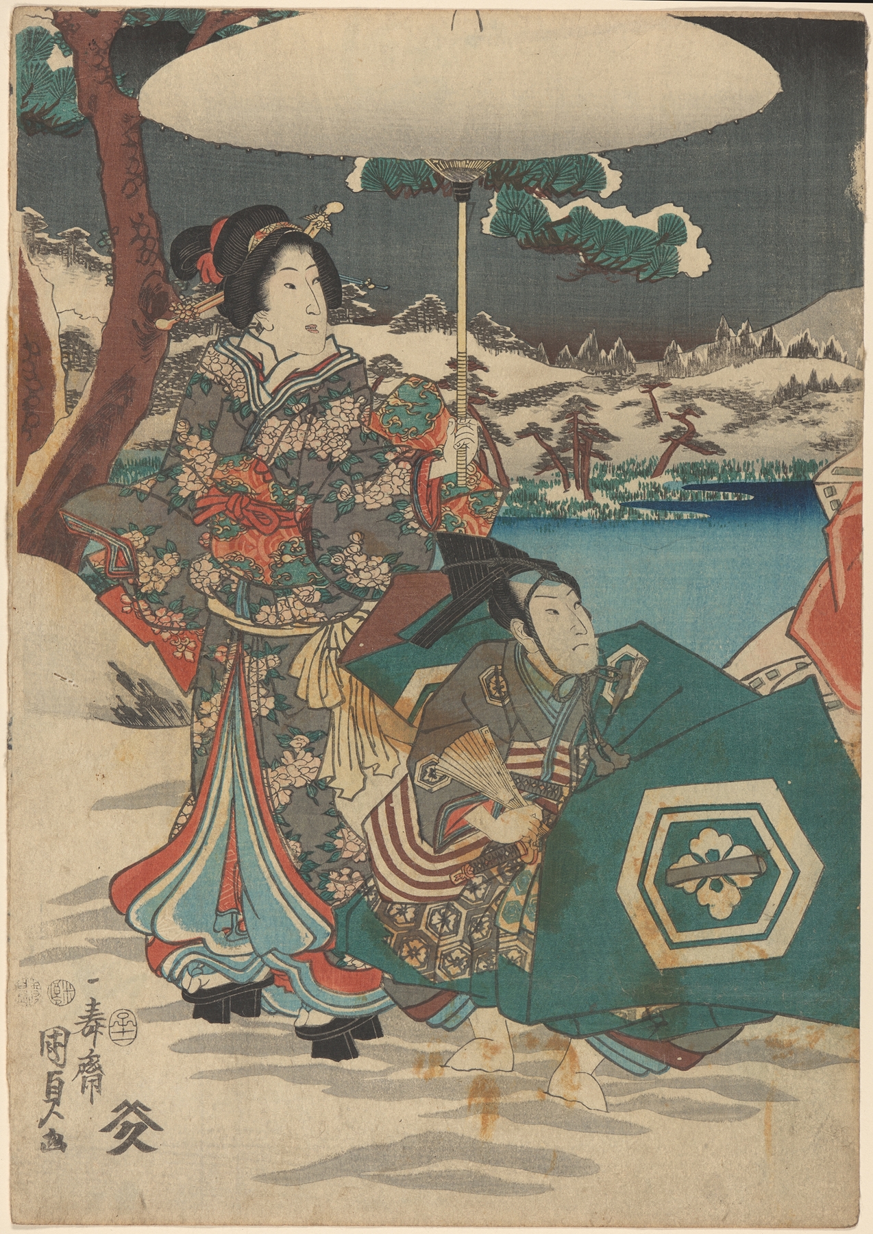 Woman and Male Servant in Snow, by Utagawa Kunisada (Toyokuni III)