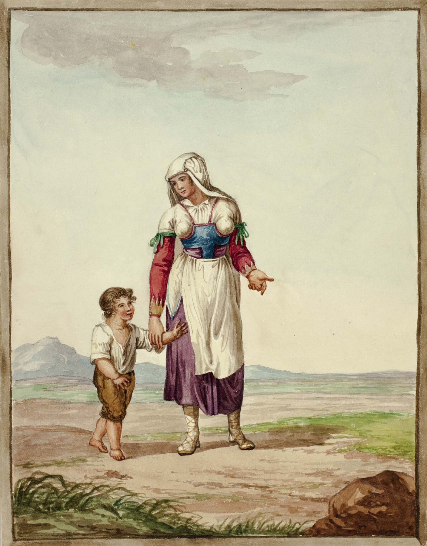 Woman in Native Costume with Boy on Road by After Bartolomeo Pinelli
