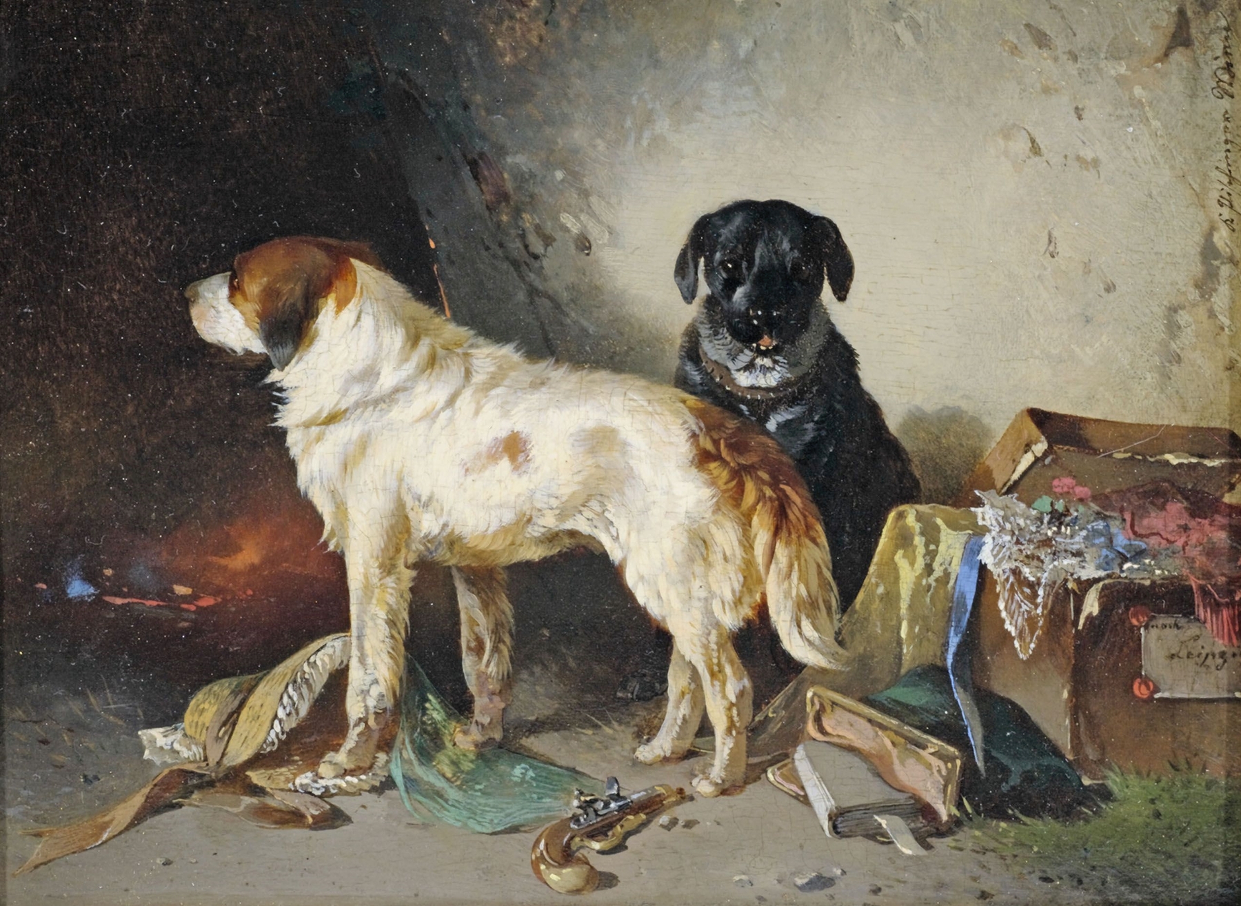 Zwei Hunde mit einer Kleiderkiste. by Carl Pischinger